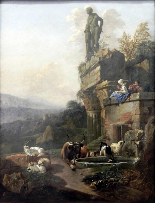 Johann Heinrich Roos Landschaft mit Tempelruine in Abendstimmung oil painting image
